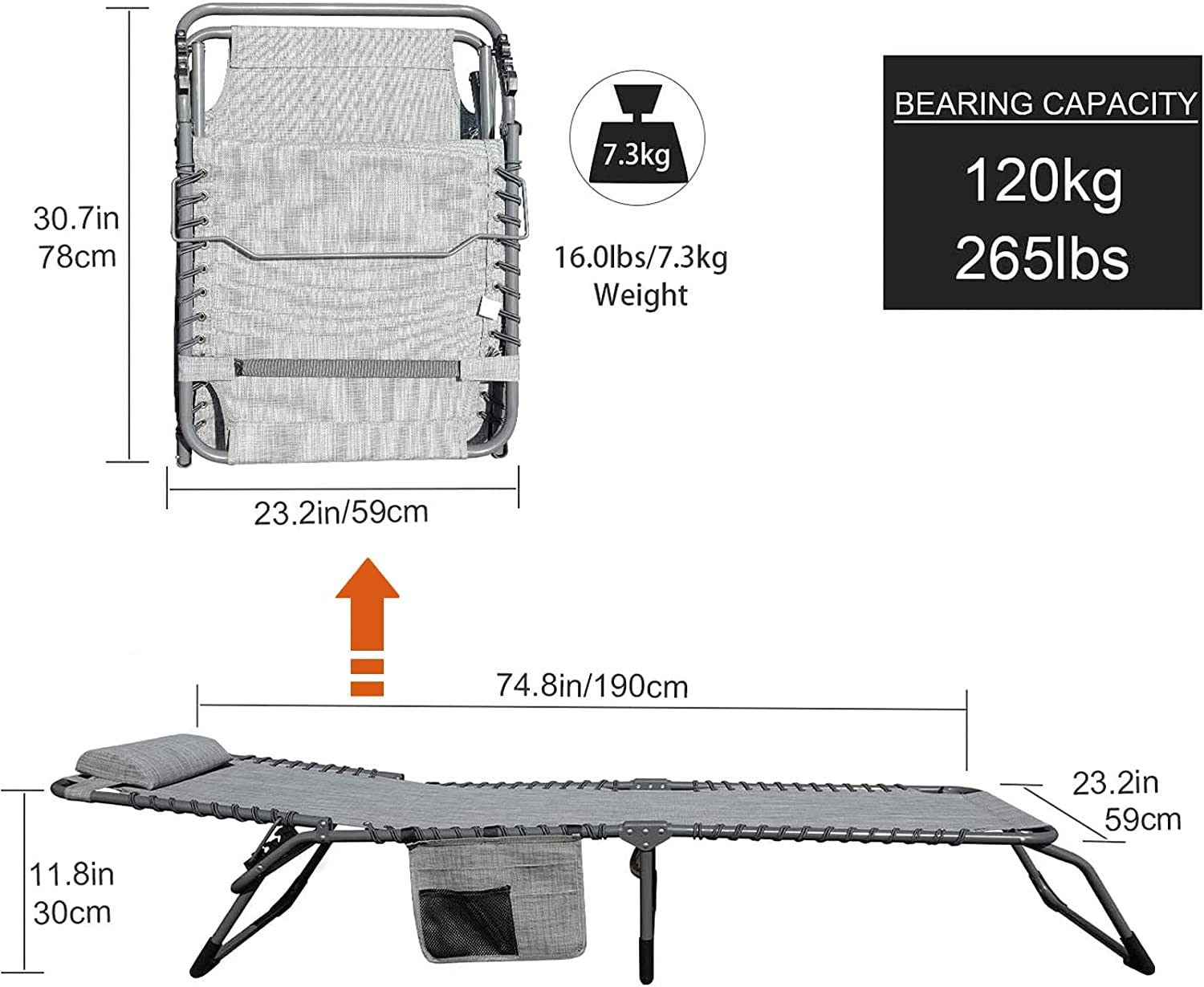 Foldable Patio Chaise Lounge Chair for Outdoor with Detachable Pocket and Pillow, Portable Adjustable Sun Lounger Recliner for Beach, Camping and Pool Doba
